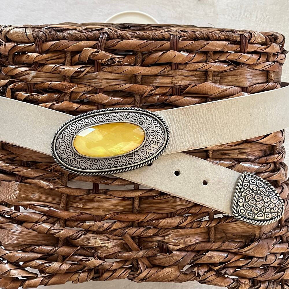 Vintage Chico's Silver Tone & Faux Citrine Genuine Leather Belt Western Light M